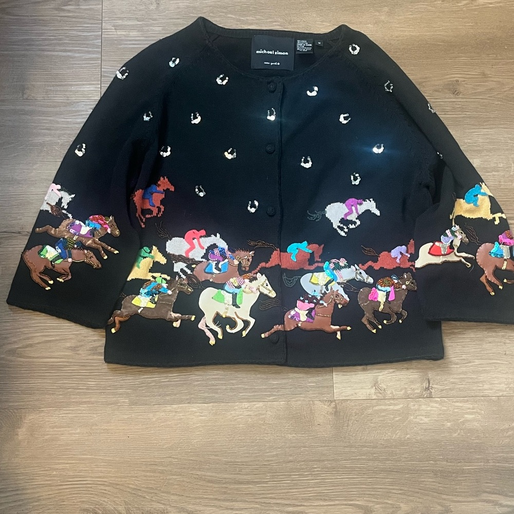 Vintage Michael Simon New York Horse Racing hand stitched button up sweater